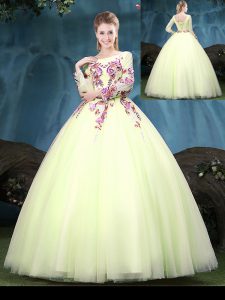 Ball Gowns Quinceanera Dress Yellow Green Scoop Tulle Long Sleeves Floor Length Lace Up