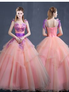Exceptional Organza V-neck Sleeveless Lace Up Appliques Quinceanera Gowns in Watermelon Red