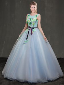 Scoop Floor Length Lace Up Quinceanera Gowns Light Blue for Military Ball and Sweet 16 and Quinceanera with Appliques