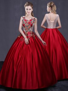 Best Selling Floor Length Wine Red Quinceanera Dresses Scoop Sleeveless Lace Up