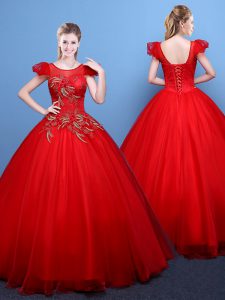 Best Selling Tulle Scoop Short Sleeves Lace Up Appliques Quinceanera Gown in Red