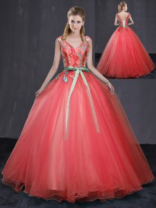 Coral Red Ball Gowns Appliques and Belt Quinceanera Dresses Lace Up Tulle Sleeveless Floor Length