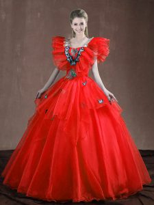 Excellent Red Lace Up Sweetheart Appliques and Ruffles Sweet 16 Dresses Organza Sleeveless