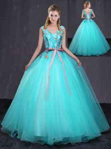 Dynamic Ball Gowns 15th Birthday Dress Aqua Blue V-neck Tulle Sleeveless Floor Length Lace Up