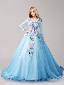 Baby Blue Ball Gowns V-neck Long Sleeves Tulle Brush Train Lace Up Hand Made Flower Sweet 16 Quinceanera Dress