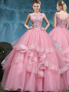 Scoop Sleeveless Tulle Floor Length Lace Up Ball Gown Prom Dress in Baby Pink with Lace and Appliques and Ruffles