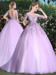Flirting Scoop Backless With Train Lilac 15 Quinceanera Dress Tulle Brush Train Short Sleeves Appliques