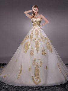Appliques Quince Ball Gowns White Lace Up Sleeveless With Brush Train