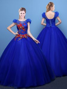 Pretty Royal Blue Ball Gowns Tulle Scoop Short Sleeves Appliques Floor Length Lace Up Sweet 16 Dresses