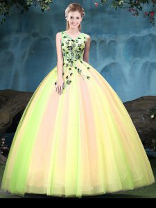 Gorgeous Multi-color Tulle Lace Up V-neck Sleeveless Floor Length Sweet 16 Quinceanera Dress Appliques