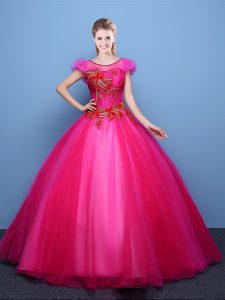 Fabulous Scoop Hot Pink Tulle Lace Up 15th Birthday Dress Short Sleeves Floor Length Appliques