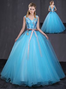Great V-neck Sleeveless Tulle 15th Birthday Dress Appliques and Belt Lace Up