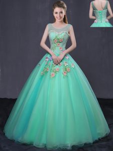 Dazzling Turquoise Ball Gowns Scoop Sleeveless Organza Floor Length Lace Up Beading and Appliques Quince Ball Gowns