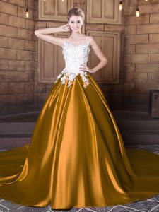 Fashion Scoop Gold Ball Gowns Lace and Appliques Ball Gown Prom Dress Lace Up Elastic Woven Satin Sleeveless Floor Length