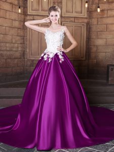 Exceptional Scoop Lace and Appliques Sweet 16 Quinceanera Dress Eggplant Purple Lace Up Sleeveless With Train Court Train