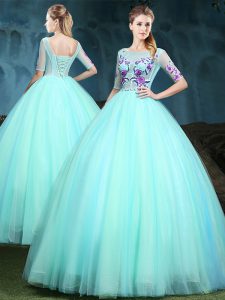 Tulle Scoop Half Sleeves Lace Up Appliques 15 Quinceanera Dress in Apple Green