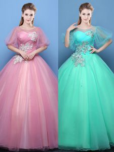 Scoop Tulle Half Sleeves Floor Length Quinceanera Gown and Appliques