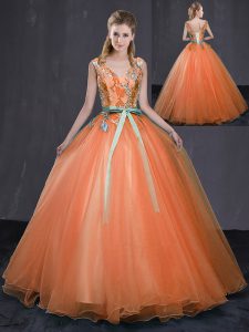 Custom Designed Orange Sleeveless Beading and Belt Floor Length Quinceanera Gown