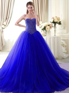 Sleeveless With Train Beading Lace Up 15th Birthday Dress with Royal Blue Brush Train
