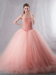 Decent Peach Lace Up Sweetheart Beading Ball Gown Prom Dress Tulle Sleeveless Brush Train
