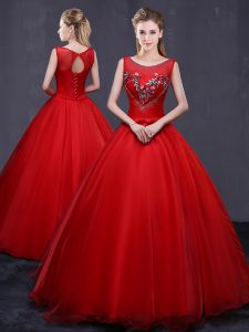 Scoop Sleeveless Sweet 16 Quinceanera Dress Floor Length Beading and Embroidery Red Tulle