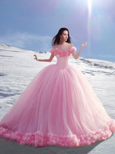 Off the Shoulder Ball Gowns Cap Sleeves Rose Pink Quinceanera Gowns Court Train Lace Up