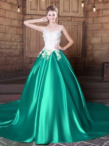 Elastic Woven Satin Scoop Sleeveless Court Train Lace Up Lace and Appliques Quinceanera Gown in Turquoise