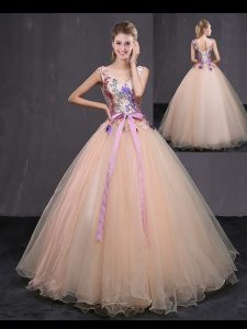 Peach V-neck Neckline Appliques and Belt Sweet 16 Dress Sleeveless Lace Up