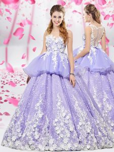 Suitable Scoop Floor Length Ball Gowns Sleeveless Lavender Ball Gown Prom Dress Lace Up