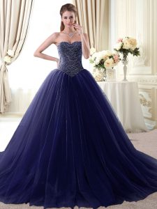 Navy Blue Tulle Lace Up Sweet 16 Quinceanera Dress Sleeveless Floor Length Beading