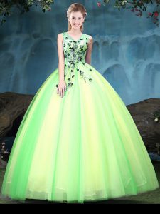 Unique Multi-color Sleeveless Floor Length Appliques Lace Up 15th Birthday Dress