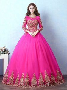 Fitting Scoop Fuchsia Long Sleeves Floor Length Appliques Lace Up Quinceanera Dress
