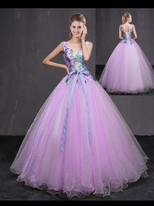 Lilac Sleeveless Floor Length Appliques and Belt Lace Up 15th Birthday Dress