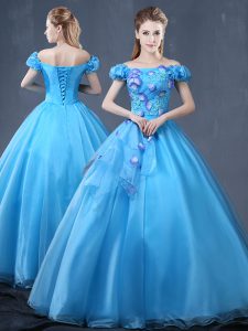 Beauteous Off the Shoulder Baby Blue Short Sleeves Floor Length Appliques Lace Up Quince Ball Gowns