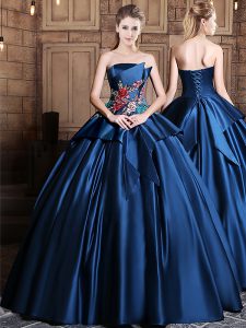Superior Navy Blue Sleeveless Floor Length Appliques Lace Up 15th Birthday Dress