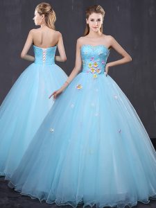 Sleeveless Floor Length Beading and Appliques Lace Up Quinceanera Gown with Light Blue