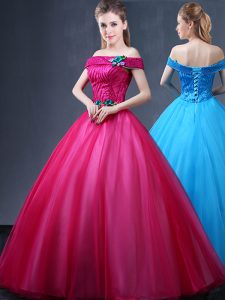 Popular Off the Shoulder Fuchsia Sleeveless Tulle Lace Up Sweet 16 Dress for Military Ball and Sweet 16 and Quinceanera