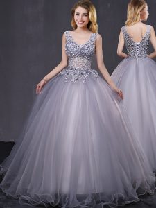 Dazzling Grey Sleeveless Floor Length Appliques Lace Up Sweet 16 Quinceanera Dress