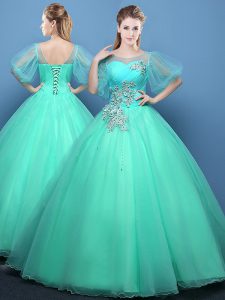 Delicate Scoop Half Sleeves Lace Up Quince Ball Gowns Turquoise Organza