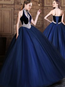Halter Top Floor Length Lace Up Sweet 16 Quinceanera Dress Navy Blue for Military Ball and Sweet 16 and Quinceanera with Beading