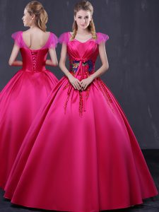 Custom Designed Hot Pink Quinceanera Gown Military Ball and Sweet 16 and Quinceanera and For with Appliques V-neck Cap Sleeves Lace Up