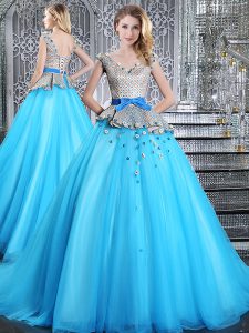 Beauteous Sleeveless Brush Train Lace Up Appliques and Belt Quinceanera Dresses
