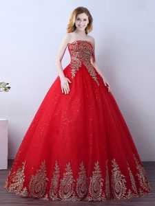 Best Selling Sequins Ball Gowns Sweet 16 Dresses Red Strapless Tulle Sleeveless Floor Length Lace Up