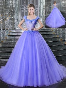 Discount Straps Lavender Tulle Lace Up Sweet 16 Quinceanera Dress Sleeveless With Brush Train Beading