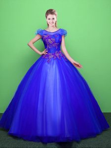 Ball Gowns 15th Birthday Dress Blue Scoop Tulle Short Sleeves Floor Length Lace Up