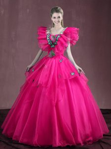 Graceful Hot Pink Ball Gowns Sweetheart Sleeveless Organza Floor Length Lace Up Appliques and Ruffles Sweet 16 Dress