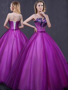 Cute Scoop Floor Length Purple 15th Birthday Dress Tulle Sleeveless Beading and Appliques