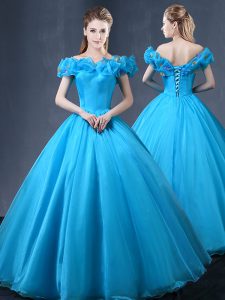 High End Tulle Off The Shoulder Cap Sleeves Lace Up Appliques Quinceanera Dress in Baby Blue