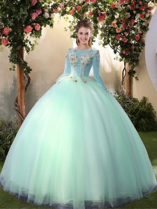 Gorgeous Tulle Scoop Long Sleeves Lace Up Appliques 15 Quinceanera Dress in Apple Green
