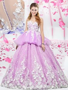 Scoop Lilac Organza and Tulle Lace Up Vestidos de Quinceanera Sleeveless Floor Length Lace and Appliques